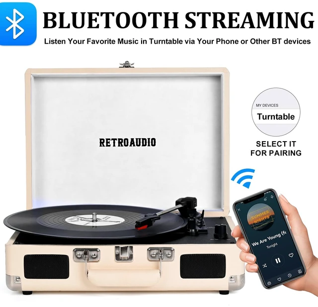 Alt view image 2 of 7 - Portable Bluetooth Vintage Vinyl Record Player Turntable 3-speed belt-driven vinyl player, dual built-in stereo speakers, RCA & AUX output, portable suitcase phonograph