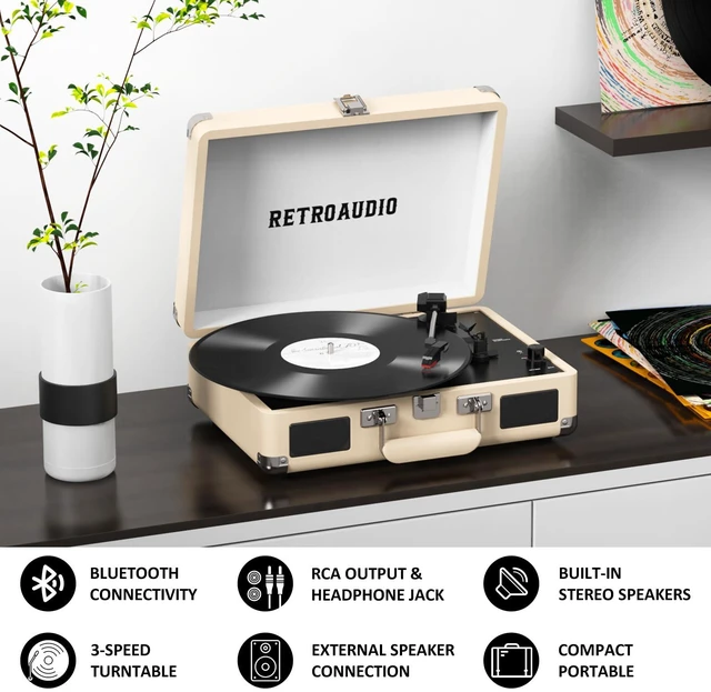 Alt view image 3 of 7 - Portable Bluetooth Vintage Vinyl Record Player Turntable 3-speed belt-driven vinyl player, dual built-in stereo speakers, RCA & AUX output, portable suitcase phonograph