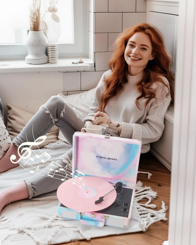 Alt view image 6 of 7 - Watercolor Record Player with Speakers, Bass/Treble Control, Blue Vintage portable suitcase turntable Bluetooth input, 3-speed auto stop, RCA/AUX/headphone jack, home décor gift for dorms