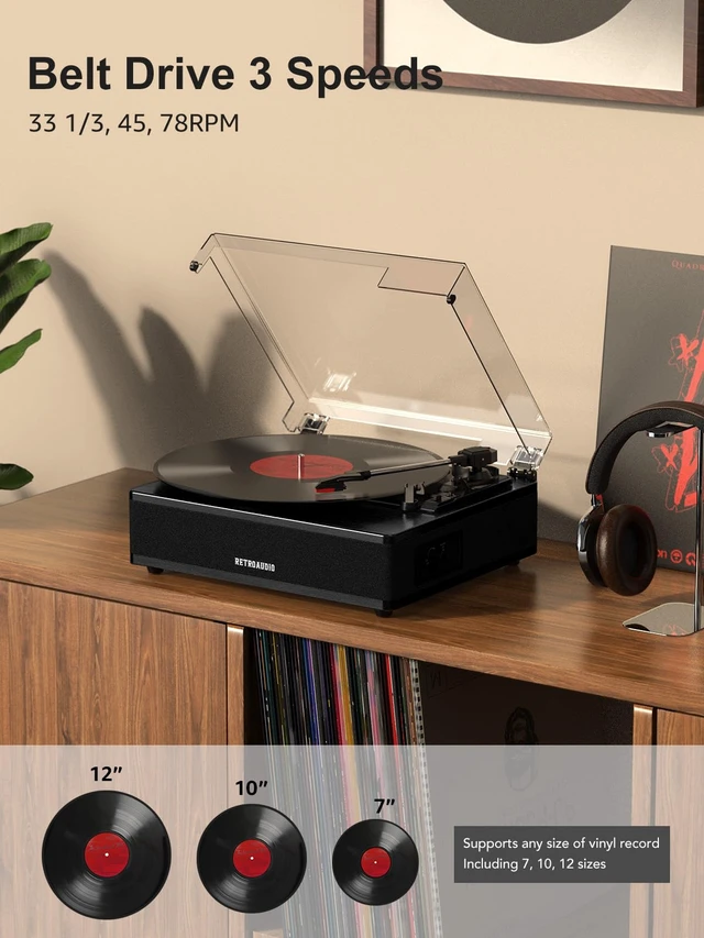Alt view image 2 of 7 - Vinyl Record Player with Built-in Speakers 3-Speed Support 33 1/3, 45, 78RPM Vintage Record Player Bluetooth Input Support RCA Output, Black
