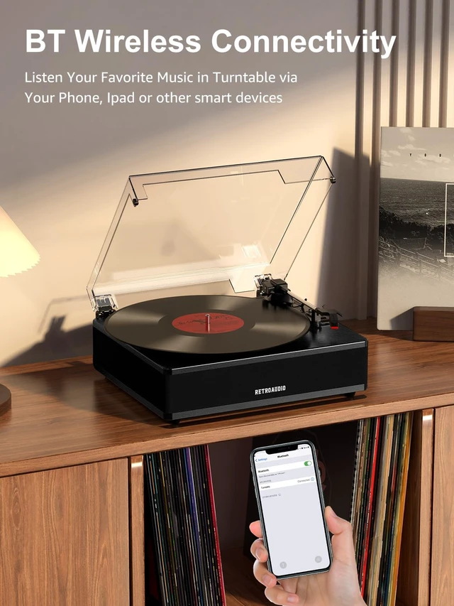 Alt view image 4 of 7 - Vinyl Record Player with Built-in Speakers 3-Speed Support 33 1/3, 45, 78RPM Vintage Record Player Bluetooth Input Support RCA Output, Black