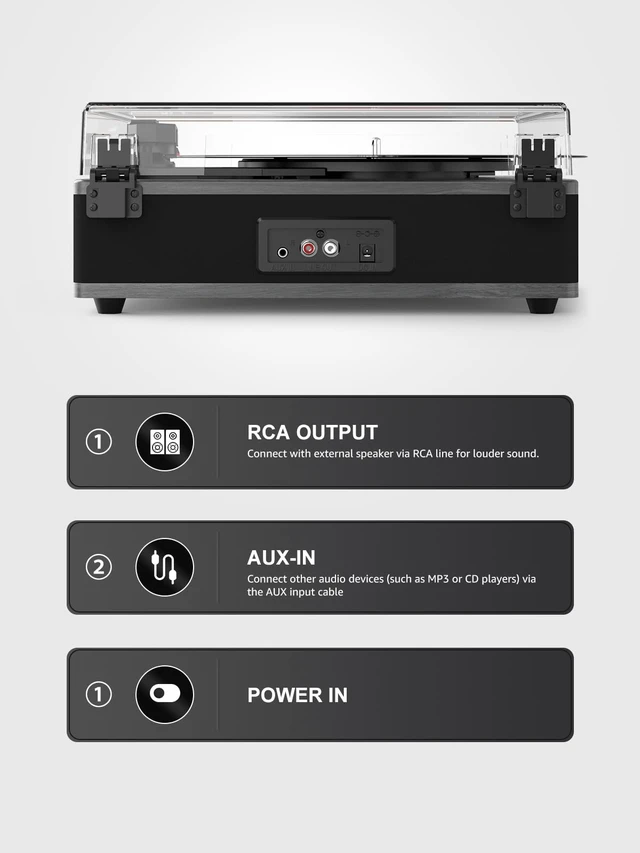 Alt view image 6 of 7 - Vinyl Record Player with Built-in Speakers 3-Speed Support 33 1/3, 45, 78RPM Vintage Record Player Bluetooth Input Support RCA Output, Black