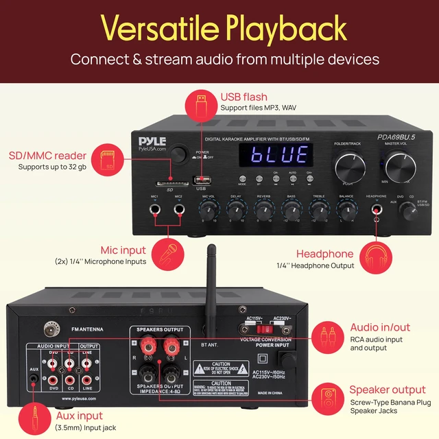 Alt view image 2 of 7 - Karaoke Amplifier Bluetooth Stereo Receiver, Dual Mic Inputs with Delay & Reverb, USB/SD/FM, RCA/AUX Inputs, Bass & Treble EQ, Remote Included PDA69BU.5