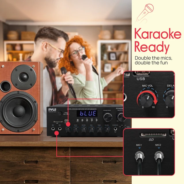 Alt view image 5 of 7 - Karaoke Amplifier Bluetooth Stereo Receiver, Dual Mic Inputs with Delay & Reverb, USB/SD/FM, RCA/AUX Inputs, Bass & Treble EQ, Remote Included PDA69BU.5