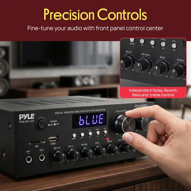 Alt view image 4 of 7 - Karaoke Amplifier Bluetooth Stereo Receiver, Dual Mic Inputs with Delay & Reverb, USB/SD/FM, RCA/AUX Inputs, Bass & Treble EQ, Remote Included PDA69BU.5
