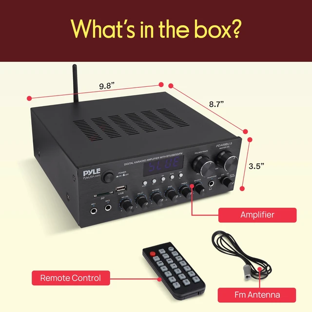 Alt view image 7 of 7 - Karaoke Amplifier Bluetooth Stereo Receiver, Dual Mic Inputs with Delay & Reverb, USB/SD/FM, RCA/AUX Inputs, Bass & Treble EQ, Remote Included PDA69BU.5