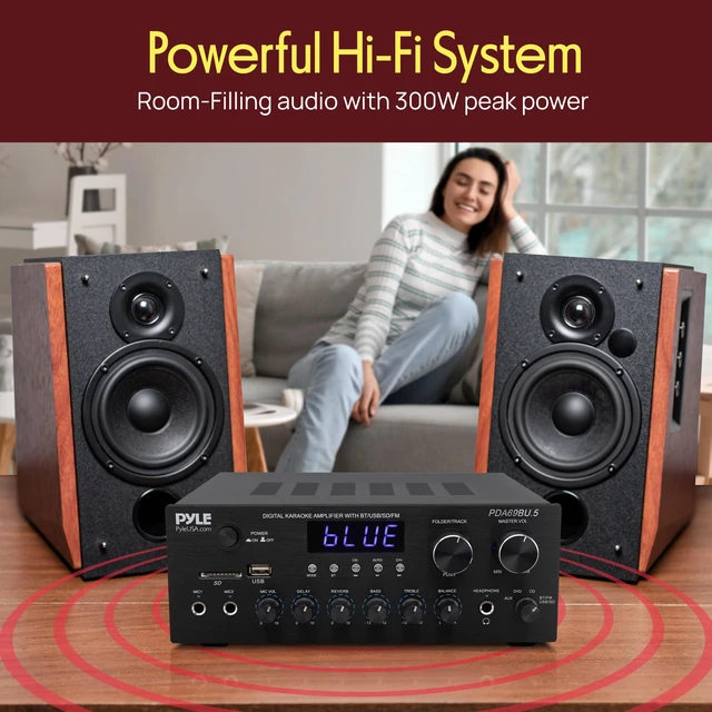 Alt view image 6 of 7 - Karaoke Amplifier Bluetooth Stereo Receiver, Dual Mic Inputs with Delay & Reverb, USB/SD/FM, RCA/AUX Inputs, Bass & Treble EQ, Remote Included PDA69BU.5
