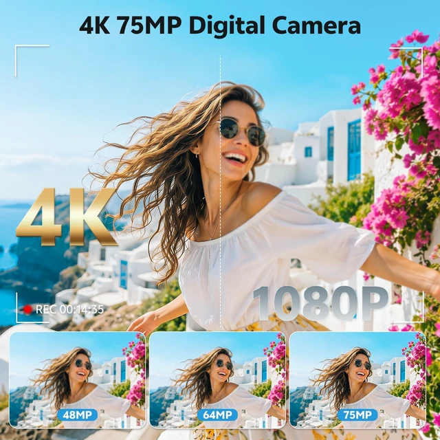 Alt view image 2 of 7 - 4K Digital Camera for Photography, Flip Screen, Built-in WiFi, Pink 75MP Photos, Auto Focus, Anti-shake, 2500mAh Battery, Point-and-shoot Kids Camera, 32 GB SD Card