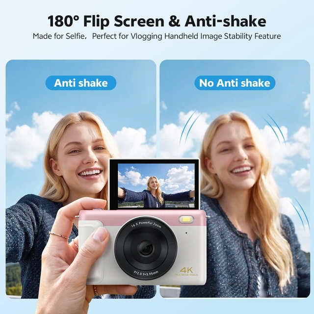 Alt view image 4 of 7 - 4K Digital Camera for Photography, Flip Screen, Built-in WiFi, Pink 75MP Photos, Auto Focus, Anti-shake, 2500mAh Battery, Point-and-shoot Kids Camera, 32 GB SD Card