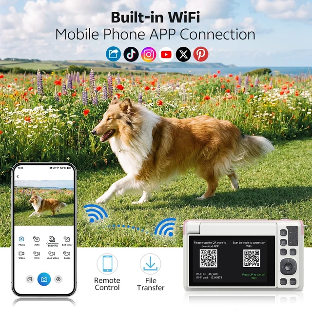 Alt view image 3 of 7 - 4K Digital Camera for Photography, Flip Screen, Built-in WiFi, Pink 75MP Photos, Auto Focus, Anti-shake, 2500mAh Battery, Point-and-shoot Kids Camera, 32 GB SD Card