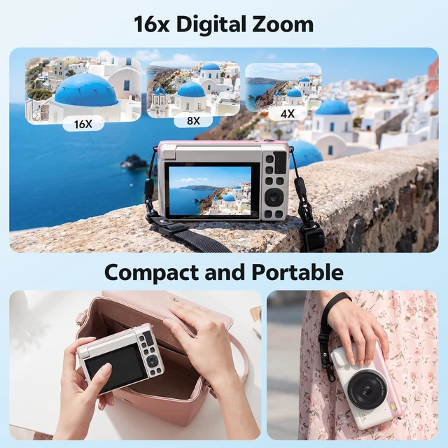 Alt view image 5 of 7 - 4K Digital Camera for Photography, Flip Screen, Built-in WiFi, Pink 75MP Photos, Auto Focus, Anti-shake, 2500mAh Battery, Point-and-shoot Kids Camera, 32 GB SD Card