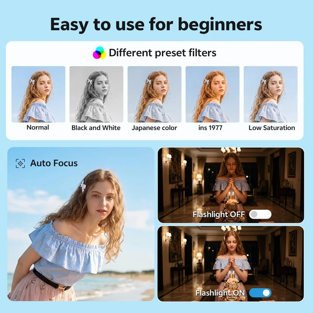 Alt view image 6 of 7 - 4K Digital Camera for Photography, Flip Screen, Built-in WiFi, Pink 75MP Photos, Auto Focus, Anti-shake, 2500mAh Battery, Point-and-shoot Kids Camera, 32 GB SD Card