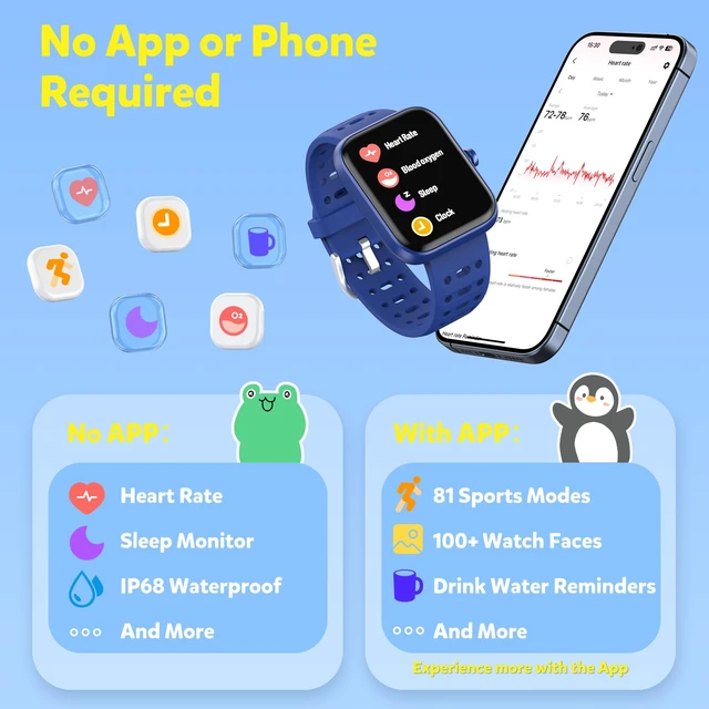 Alt view image 2 of 7 - Smart Watch for Kids, Without/with APP Mode, 1.83" Touchscreen Fitness Tracker Watch, Heart Rate/Sleep Monitor, IP68 Waterproof Pedometer, Puzzle Games for Girls Boys Teens 5-16, 81 Sport Mode