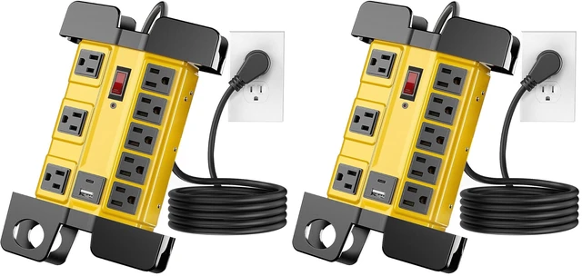 Main image of 8-Outlet Metal Heavy Duty Power Strip with USB-C, Wide-Spaced, Yellow, 6ft (Pack of 2)