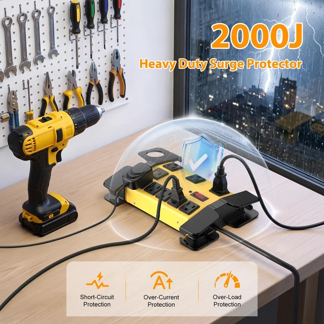 Alt view image 2 of 7 - 8-Outlet Metal Heavy Duty Power Strip with USB-C, Wide-Spaced, Yellow, 6ft (Pack of 2)
