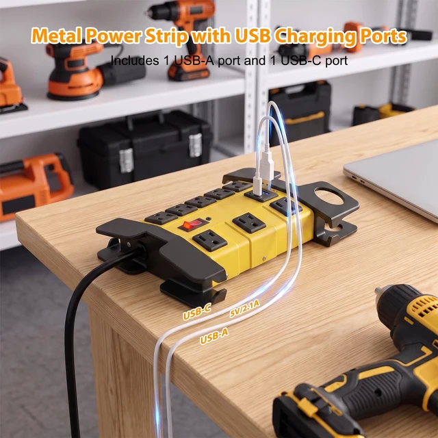 Alt view image 3 of 7 - 8-Outlet Metal Heavy Duty Power Strip with USB-C, Wide-Spaced, Yellow, 6ft (Pack of 2)