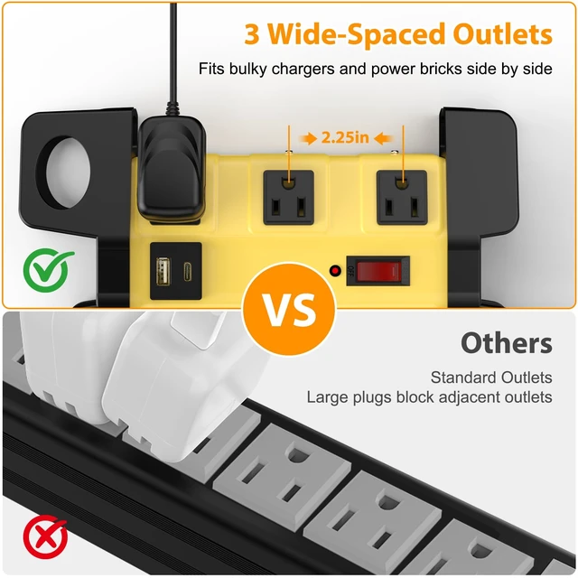 Alt view image 4 of 7 - 8-Outlet Metal Heavy Duty Power Strip with USB-C, Wide-Spaced, Yellow, 6ft (Pack of 2)