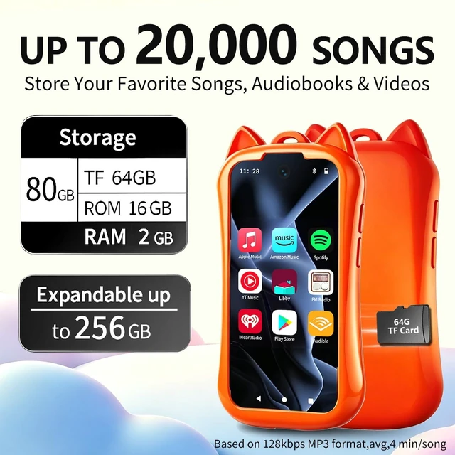 Alt view image 2 of 7 - Kids MP3 Player with Spotify and Parental Controls, MP3 Player for Kids with Bluetooth and WiFi, Mini Android Music Player with Audible & Audiobooks, MP4 Player for Children -Orange