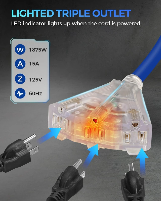 Alt view image 2 of 7 - Retractable Cord Reel, 60 FT Heavy Duty Extension Cord, 12AWG/3C SJTOW, 3 Grounded Outlets Lighted Triple Tap, 15A Circuit Breaker, Wall/Ceiling Mounted, UL Listed, Blue U60CR06