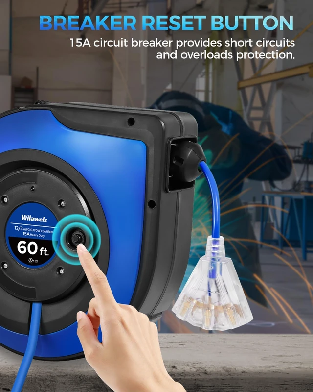 Alt view image 3 of 7 - Retractable Cord Reel, 60 FT Heavy Duty Extension Cord, 12AWG/3C SJTOW, 3 Grounded Outlets Lighted Triple Tap, 15A Circuit Breaker, Wall/Ceiling Mounted, UL Listed, Blue U60CR06
