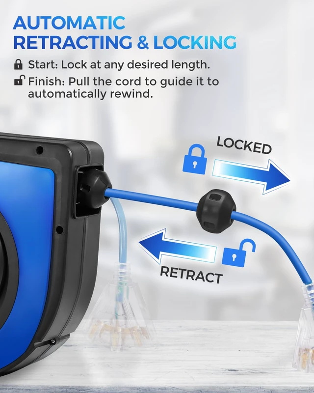 Alt view image 4 of 7 - Retractable Cord Reel, 60 FT Heavy Duty Extension Cord, 12AWG/3C SJTOW, 3 Grounded Outlets Lighted Triple Tap, 15A Circuit Breaker, Wall/Ceiling Mounted, UL Listed, Blue U60CR06