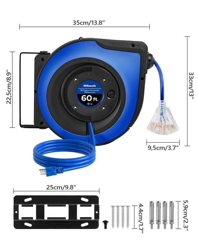 Alt view image 7 of 7 - Retractable Cord Reel, 60 FT Heavy Duty Extension Cord, 12AWG/3C SJTOW, 3 Grounded Outlets Lighted Triple Tap, 15A Circuit Breaker, Wall/Ceiling Mounted, UL Listed, Blue U60CR06