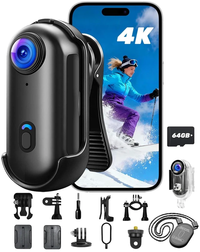 Main image of Action Camera 4K, Mini Body Camera with Audio and Video Recording 64GB Card Wi-Fi Magnetic Hands-Free with Waterproof Case & Rotatable Clip for Vlogging Traveling Outdoors