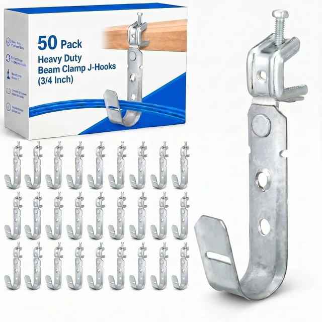 Main image of 50 Pack Cable Support J Hook with Beam Clamp, 3/4 Inch Heavy Duty Metal Wire Cable Support J Hook Hangers for Wire Management