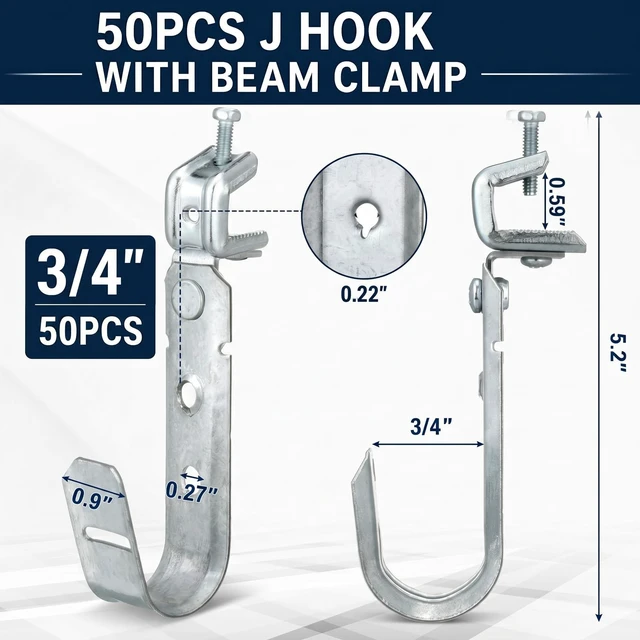 Alt view image 2 of 6 - 50 Pack Cable Support J Hook with Beam Clamp, 3/4 Inch Heavy Duty Metal Wire Cable Support J Hook Hangers for Wire Management