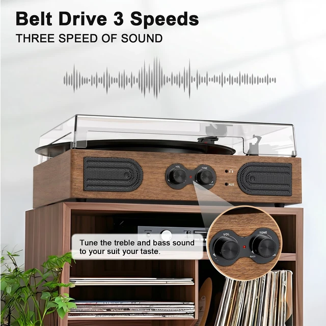 Alt view image 3 of 7 - Vinyl Record Player 3 Speeds Turntable with Speakers, Bass Control, Walnut Upgraded Built-in Speakers, Vintage Belt Drive Turntable, Treble & Bass Control, RCA-Out/AUX-in, Headphone Jack, Auto-Stop