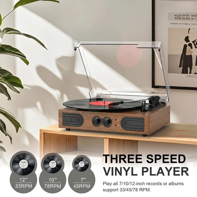 Alt view image 2 of 7 - Vinyl Record Player 3 Speeds Turntable with Speakers, Bass Control, Walnut Upgraded Built-in Speakers, Vintage Belt Drive Turntable, Treble & Bass Control, RCA-Out/AUX-in, Headphone Jack, Auto-Stop