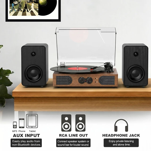 Alt view image 4 of 7 - Vinyl Record Player 3 Speeds Turntable with Speakers, Bass Control, Walnut Upgraded Built-in Speakers, Vintage Belt Drive Turntable, Treble & Bass Control, RCA-Out/AUX-in, Headphone Jack, Auto-Stop