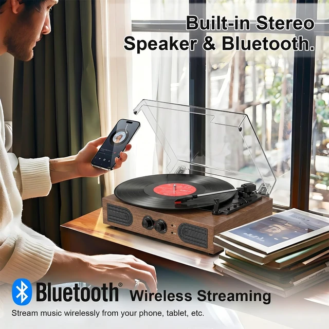 Alt view image 5 of 7 - Vinyl Record Player 3 Speeds Turntable with Speakers, Bass Control, Walnut Upgraded Built-in Speakers, Vintage Belt Drive Turntable, Treble & Bass Control, RCA-Out/AUX-in, Headphone Jack, Auto-Stop