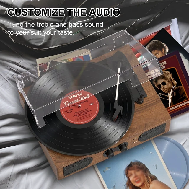 Alt view image 6 of 7 - Vinyl Record Player 3 Speeds Turntable with Speakers, Bass Control, Walnut Upgraded Built-in Speakers, Vintage Belt Drive Turntable, Treble & Bass Control, RCA-Out/AUX-in, Headphone Jack, Auto-Stop