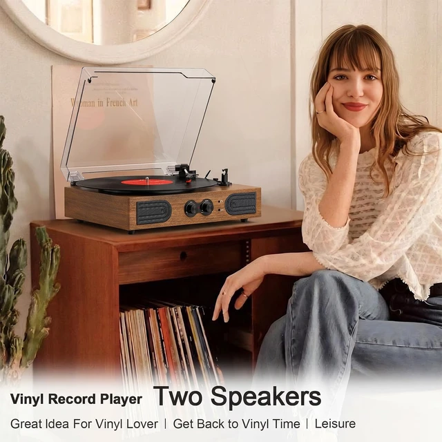 Alt view image 7 of 7 - Vinyl Record Player 3 Speeds Turntable with Speakers, Bass Control, Walnut Upgraded Built-in Speakers, Vintage Belt Drive Turntable, Treble & Bass Control, RCA-Out/AUX-in, Headphone Jack, Auto-Stop