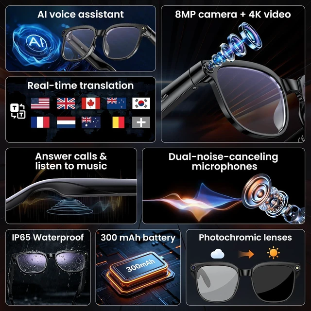 Alt view image 2 of 7 - Smart Glasses with Camera, 8MP HD Photo and Video Recording,AI Glasses with Real-Time Translation/Object Recognition/AI Voice Q&A/Recording, Calls and Music