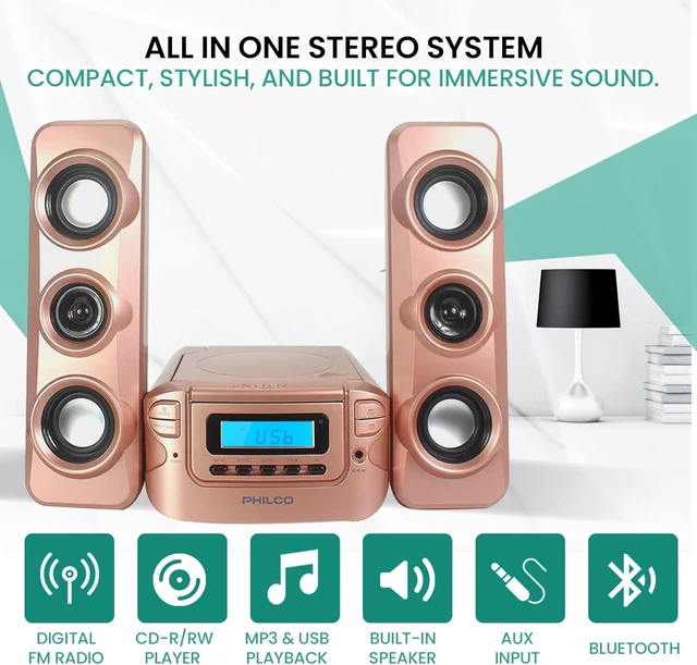Alt view image 2 of 7 - Stereo Shelf Systems Compact CD Shelf System with Digital FM Stereo Radio, Bluetooth Wireless Technology, and Remote Control LCD Display MP3 & AUX Port Compatible USB Playback (Rose Gold)