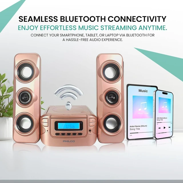 Alt view image 3 of 7 - Stereo Shelf Systems Compact CD Shelf System with Digital FM Stereo Radio, Bluetooth Wireless Technology, and Remote Control LCD Display MP3 & AUX Port Compatible USB Playback (Rose Gold)