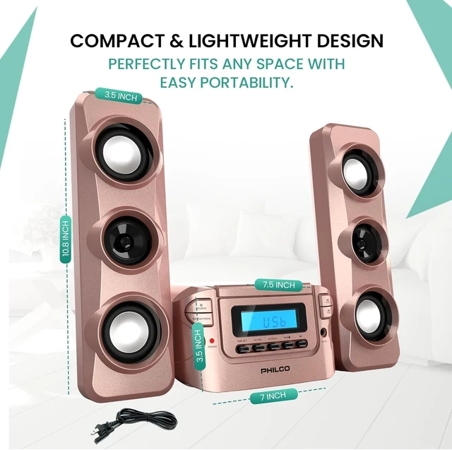Alt view image 5 of 7 - Stereo Shelf Systems Compact CD Shelf System with Digital FM Stereo Radio, Bluetooth Wireless Technology, and Remote Control LCD Display MP3 & AUX Port Compatible USB Playback (Rose Gold)
