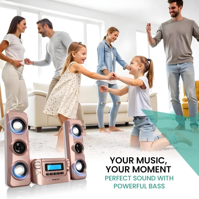 Alt view image 7 of 7 - Stereo Shelf Systems Compact CD Shelf System with Digital FM Stereo Radio, Bluetooth Wireless Technology, and Remote Control LCD Display MP3 & AUX Port Compatible USB Playback (Rose Gold)
