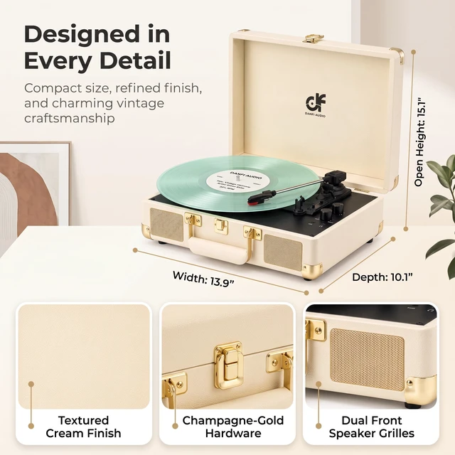Alt view image 2 of 7 - Tunes Vinyl Record Player Vintage Suitcase Turntable with Built-in Stereo Speakers, Bluetooth Input, Bass & Treble Control, 3 Speeds, Auto Stop, RCA Output, AUX Input, Headphone Jack, White