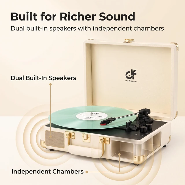 Alt view image 3 of 7 - Tunes Vinyl Record Player Vintage Suitcase Turntable with Built-in Stereo Speakers, Bluetooth Input, Bass & Treble Control, 3 Speeds, Auto Stop, RCA Output, AUX Input, Headphone Jack, White