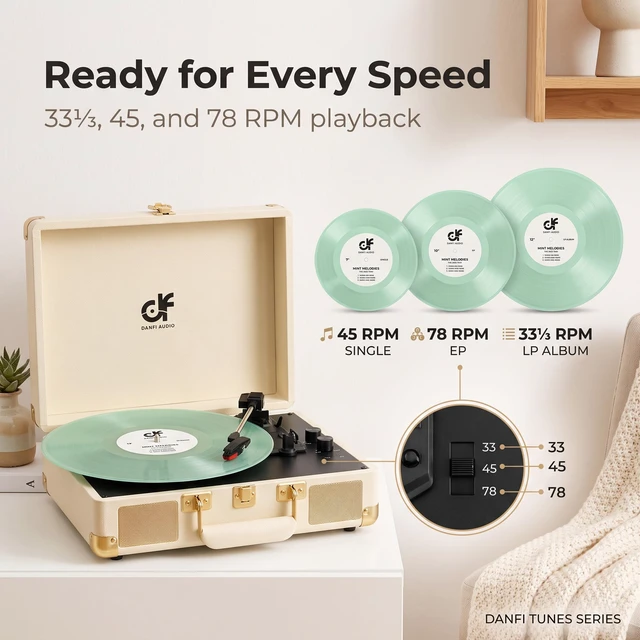 Alt view image 6 of 7 - Tunes Vinyl Record Player Vintage Suitcase Turntable with Built-in Stereo Speakers, Bluetooth Input, Bass & Treble Control, 3 Speeds, Auto Stop, RCA Output, AUX Input, Headphone Jack, White