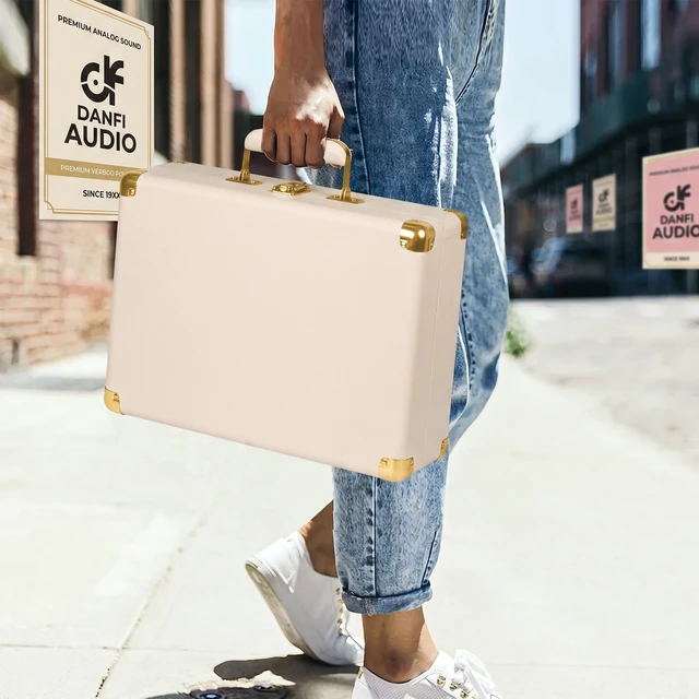 Alt view image 4 of 7 - Tunes Vinyl Record Player Vintage Suitcase Turntable with Built-in Stereo Speakers, Bluetooth Input, Bass & Treble Control, 3 Speeds, Auto Stop, RCA Output, AUX Input, Headphone Jack, White