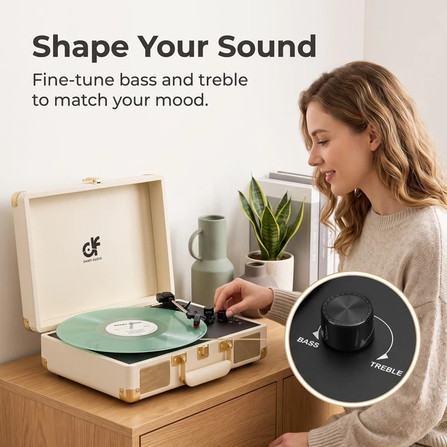 Alt view image 7 of 7 - Tunes Vinyl Record Player Vintage Suitcase Turntable with Built-in Stereo Speakers, Bluetooth Input, Bass & Treble Control, 3 Speeds, Auto Stop, RCA Output, AUX Input, Headphone Jack, White