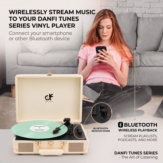 Alt view image 5 of 7 - Tunes Vinyl Record Player Vintage Suitcase Turntable with Built-in Stereo Speakers, Bluetooth Input, Bass & Treble Control, 3 Speeds, Auto Stop, RCA Output, AUX Input, Headphone Jack, White