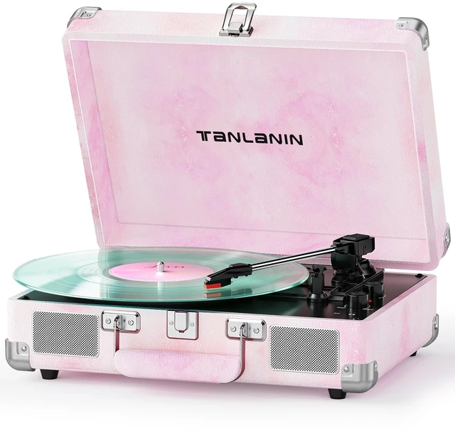 Main image of Watercolor Record Player with Speakers, Bass/Treble Control, Pink Vintage portable suitcase turntable Bluetooth input, 3-speed auto stop, RCA/AUX/headphone jack, home décor gift for dorms
