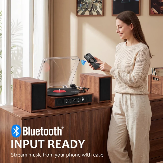 Alt view image 3 of 7 - Vinyl Record Player, 4+2 External Stereo Speakers, Brown, (6 Speakers) 3-Speed Belt-Drive Turntable, HiFi Sound, USB/SD Recording Vinyl to Digital, RCA & Headphone Out AUX-in