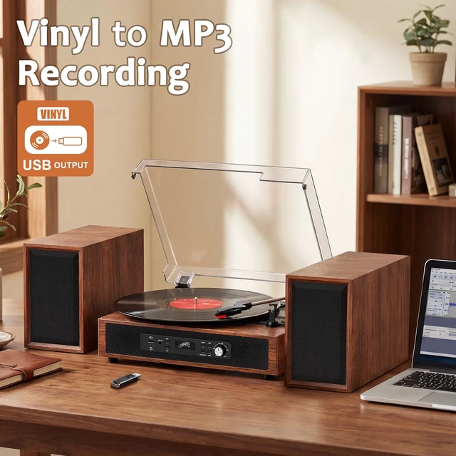 Alt view image 4 of 7 - Vinyl Record Player, 4+2 External Stereo Speakers, Brown, (6 Speakers) 3-Speed Belt-Drive Turntable, HiFi Sound, USB/SD Recording Vinyl to Digital, RCA & Headphone Out AUX-in