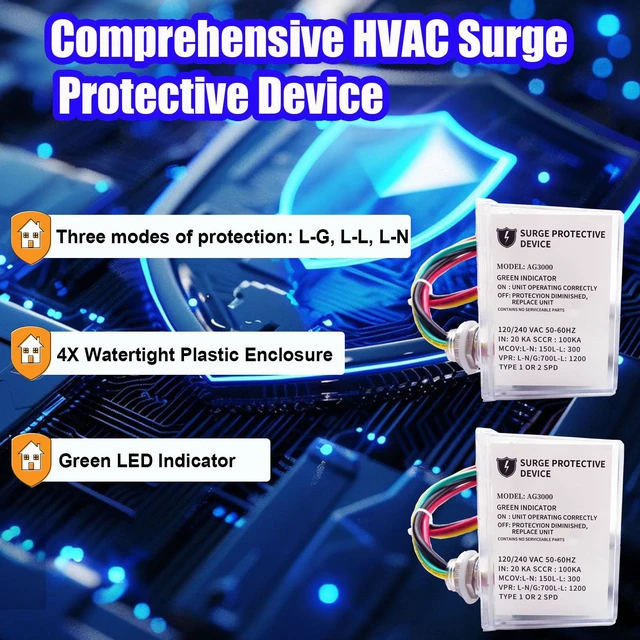 Alt view image 3 of 7 - 2 Pack AG3000 HVAC Surge Protector 120/240V, Mini Split & AC Protection 3-Mode Whole House Protection for Heat Pump,Furnace, Condenser,TPMOV Tech, NEMA 4X Watertight, LED Status Indicator